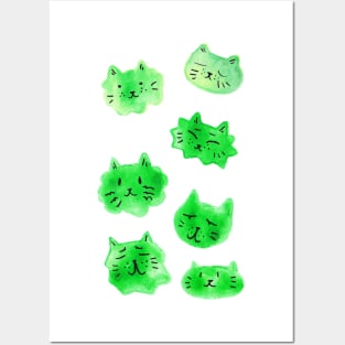 Green Kitty Faces Watercolor Posters and Art